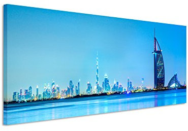 Paul Sinus Art Panoramabild 150x50cm Architekturfotografie – Dubai Skyline im Morgengrauen, UAE auf Leinwand exklusives Wandbild moderne Fotografie für ihre Wand in vielen Größen