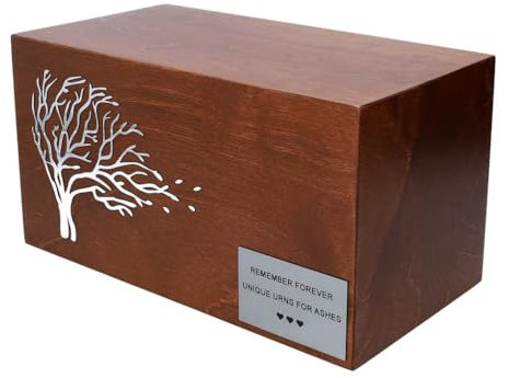 Urne funéraire artistique en bois avec arbre sur le devant. Urne funéraire pour cendres humaines (Art 19) (noyer moyen + plaque commémorative)
