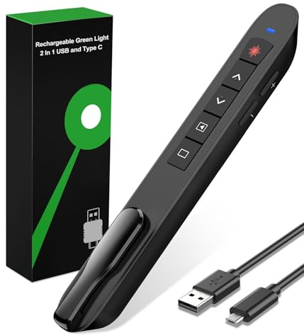 Presentation Clicker Green Laser Pointer, Rechargeable PowerPoint Clicker Wireless Presenter Remote, RF 2.4GHz USB Presentation Pointer Slide Advancer with Hyperlink Volume Control for Mac Computer