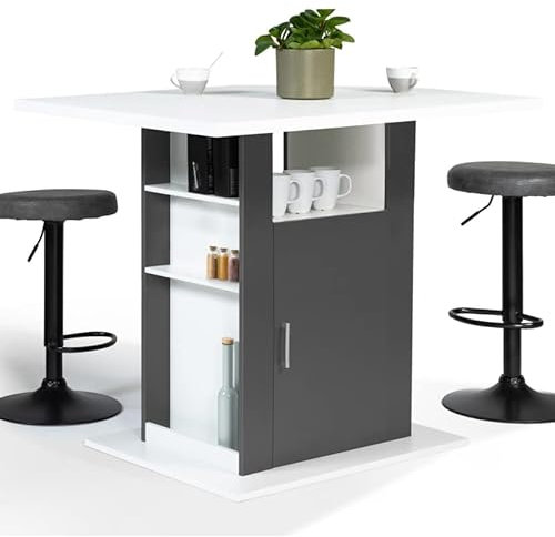 IDMarket - Ilot central UGO 110 cm madera blanca y gris con almacenamiento