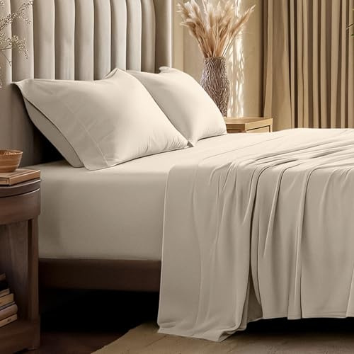 Bare Home 100% Organic Cotton Jersey Sheet Set, Ultra Soft, 100% Cotton - Sheet Set & Pillowcases - Deep Pocket Bed Sheets (Queen, Sand)