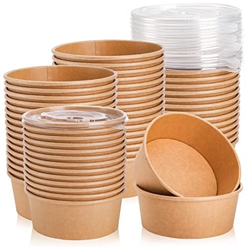 Lyellfe 50 Pack Kraft Paper Bowls with Lid, 25 Oz Soup Salad Serving Bowls, to Go Food Container for Party Dessert, Ice Cream, Yogurt, Microwave Freezer Safe