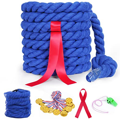 Flintronic Cuerda de Algodón Trenzado Natural, Cuerda de Tira y Afloja Duradera de 20 Pies, con Accesorios de Medalla/Silbato, Juego al Aire Libre, Fiesta Familiar, Juego de Cuerda de Tira y Afloja