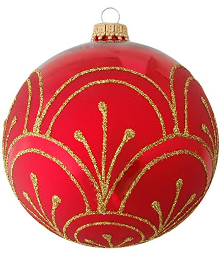 Krebs Glas Lauscha - Weihnachtsdekoration/Christbaumschmuck aus Glas - Weihnachtskugeln - Motiv: Rote Kugel mit goldenen Linien - Größe: 4 mal 10cm