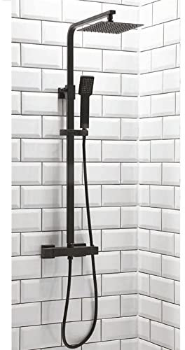 Thermostatic Overhead Column Shower Kit Shower Set with Adjustable Riser Rail Handheld Shower Hose Bathroom Shower Set Square Hand Shower Set with Thermostatic Shower Mixer Bar Valve - Matte Black