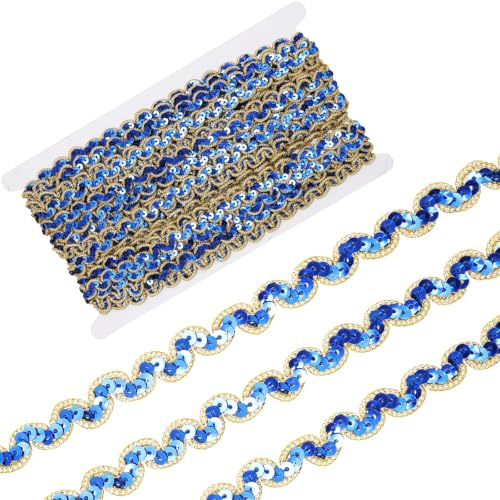 Yalulu 13 Yards Wellen Glänzendes Pailletten Stoff Ribbon Applique Trim Spitzenband Paillettenband Glitzer Borte aus Dekoband Zierband DIY Nähen Bastelprojekte (E Blau-Gold)