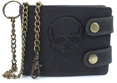 ayados Geldbörse Skull Motiv Herren Echt Leder Portemonnaie mit Hosenkette Geld-börse Portmonee Vintage Wallet Totenkopf (Skull Geldbörse mit Kette Schwarz :104(D/L))