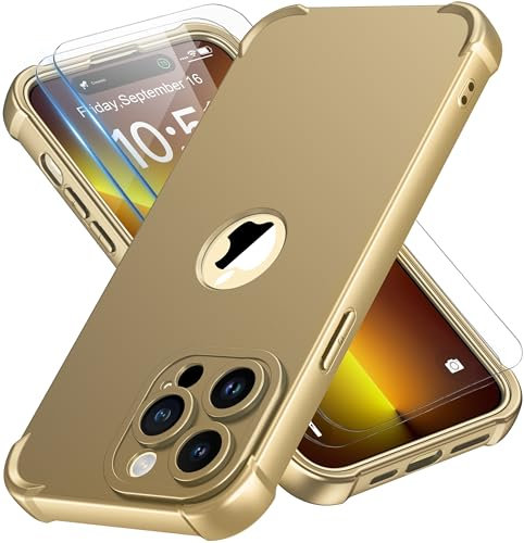 ORETECH für iPhone 14 Pro Hülle, mit 2 Stück Schutzfolie, 360 Grad Ganzkörper Stoßfest Kratzfest Silikon Handyhülle für iPhone 14 Pro 6,1 Zoll, Gold