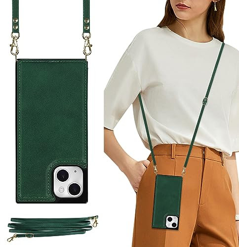 UEEBAI Crossbody Wallet Case for iPhone 13/iPhone 14 6.1 inch, Kickstand with Adjustable Removable Lanyard Neck Strap Case Card Holder Shockproof Cover Magnetic Clasp Cover Flip Case -Green