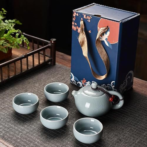 LeGDOr Chinesisches Gongfu-Teeservice aus Porzellan, handgefertigt, Keramik, 1 Topf mit 4 Tassen und Tee-Ei, tragbare Tasche für Reisen, Zuhause, Geschenk, Outdoor und Büro, Blau
