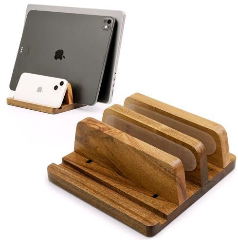 ROCDEER Acacia Wood Vertical Laptop Stand - Adjustable Dual Slots (0.76 to 1.6) - Heavy Duty Desk Organizer for Laptops, Tablets, and Phones - Quick Assembly with Non-Slip Silicone Mats