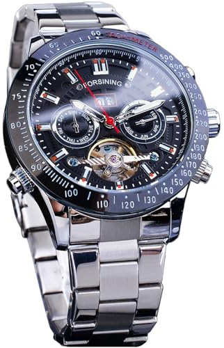 FORSINING Herren Tourbillon Mechanische Uhr mit Selbstaufzug, Tag Datum Monat Vollkalender, leuchtender Tachymeter, multifunktionale Automatikuhren, geschnitztes großes Zifferblatt Edelstahlband