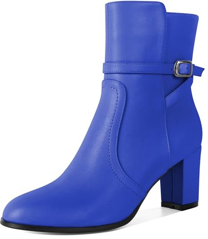 Zamikoo Women's Chunky Heel Boots Round Toe Middle Heel Boots Ankle Boots for Women Short Winter Boots with Side Zipper Comfortable Fashion Boots 7cm Royal Blue UK8