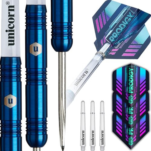Unicorn Darts Set U-Tech | Prodigy Style 1 | 95% Tungsten Barrels with Navy Blue Titanium PVD Coating & Intricately Machined Grip Rings | Durable Ultrafly Flights | Steel Tip Volute Points | 22 g