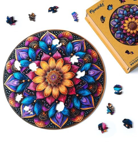 Figured'Art Holzpuzzle Erwachsene und Kinder 200 Teile - Bunte Mandala - Originelles Design 28,5x28,5 cm Einzigartige Form mit Premium-Holzkiste