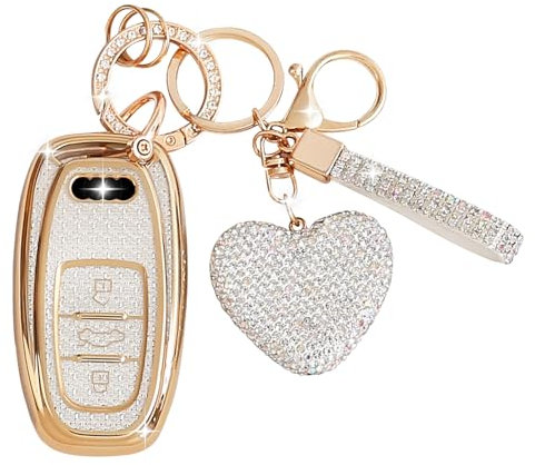 ZVRSUA Autoschlüssel-Hülle mit Diamant-Schlüsselanhänger – Kompatibel mit Audi A1/A2/A3/A4/A5/A6/A7/A8/A4L/A6L/A8L/Q5/Q7/Q8/R8/RS4/RS5/RS6/S4/S5/S6/SQ7/TT,TPU(nur Keyless Go) 3-Tasten (Silber)