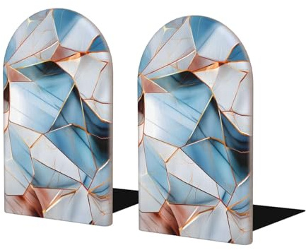 Mexpekil Geometric Rose Gold Line Marble 2 Pcs Bookends for Shelves Decorative Wood Bookends for Heavy Books Anti-Slip Book Ends Stopper Holder for Desk School Office