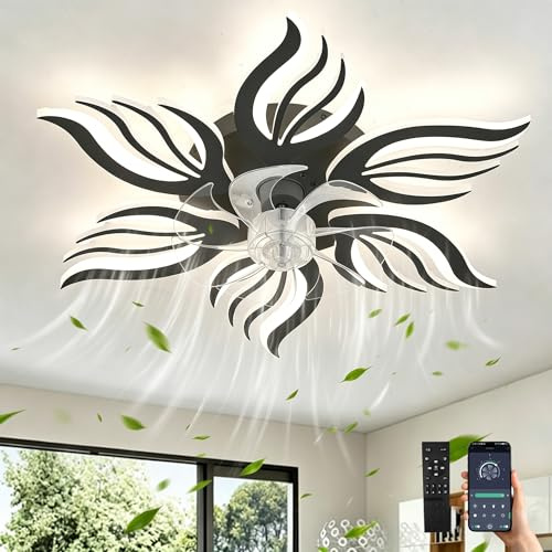 GWYAJTU Schlafzimmer Deckenventilator Licht Mit Fernbedienung APP,LED Dimmbar Lampe Mit Ventilator Mit Memory Funktion,6 Gang Reversibel Blume Ventilator Mit Licht Mit Timer Für Wohnzimmer, Schwarz