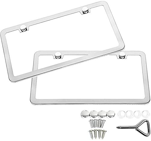 Universal Witterungsbeständig Nummernschildhalter, 2 Teile / 1 Satz Silber Edelstahl Polish Spiegel Kennzeichen Rahmen Chrom Schraube Kappen Autozubehör