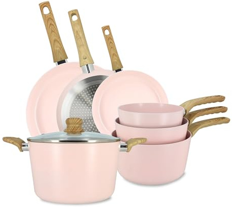 MENASTYL - Batterie de cuisine 7 pièces avec revêtement antiadhésif céramique (Sans PFAS/Sans PTFE) tous feux dont induction - 3 poêles, 3 casseroles, 1 faitout - Gamme Colorama - Rose - 6014243