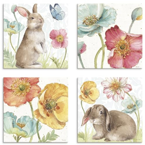 ARTLAND Wanddeko Leinwand Bilder Set 4tlg. je 40x40 cm Wall Decor Ostern Frühling Deko Hase Kaninchen Blumen Aquarell U5RM