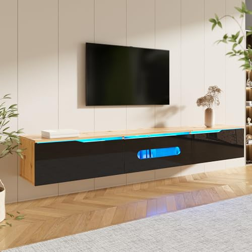 BTM Mobile Porta TV 180 cm Finitura Lucida con Illuminazione LED, Supporto TV da Pavimento Parete Attrezzata Soggiorno Moderna, Nero