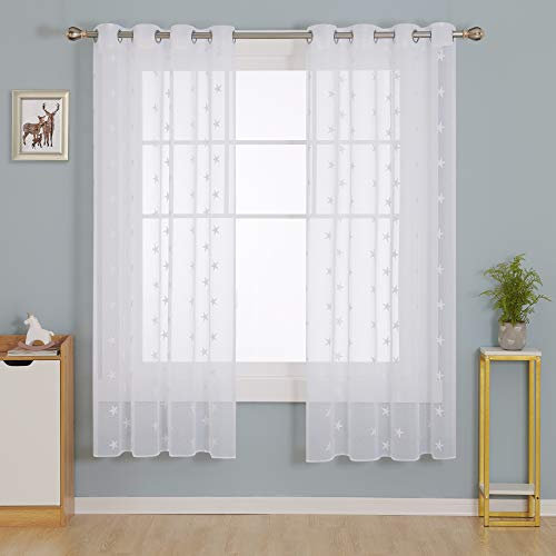 Deconovo Voile Gardinen mit Ösen Vorhang Leinenoptik Transparent Gardinen mit Stickerei Stern, 180x140 cm(HöhexBreite), Weiß, 2er Set