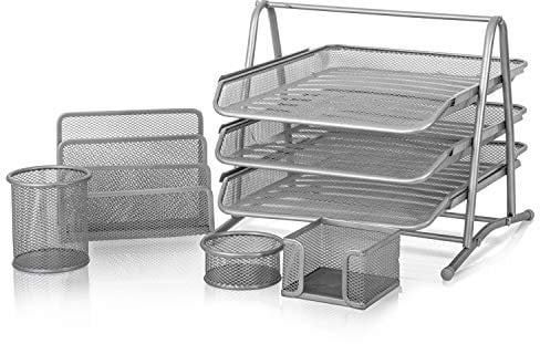 KAV Premium Mesh Office Set of 5 PCS - 3 Tier Paper Tray, Letter Rack, Pen Pot, Clips and Memo Pad Holder - Metal - Desk Organiser and Tidy Workspace - Silver