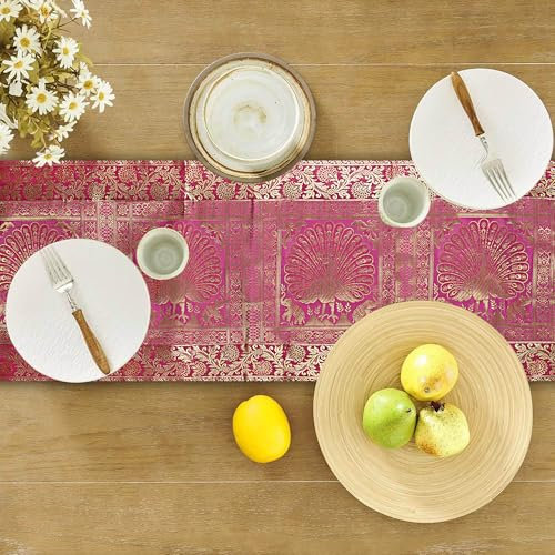 Indischer handgefertigter Tischläufer mit goldenem Pfauen-Design, Seidenbrokatstoff, 152,4 x 40,6 cm, elegante dekorative Tischwäsche für Esstisch, Konsole, Pooja Mandir