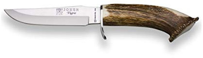 Joker Cuchillo de monte Tigre CN33 con puño corona ciervo, hoja Inox de 14 cm, funda de cuero marrón, 230 gramos, herramienta de pesca, caza, camping y senderismo