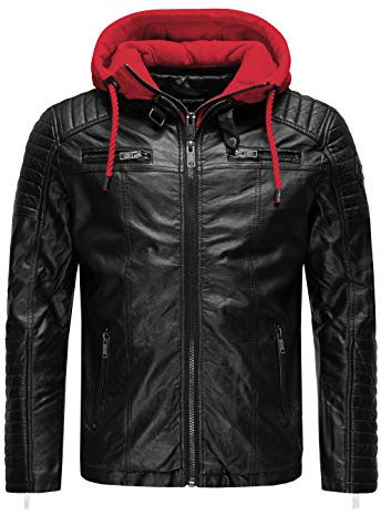 Robuste Lederjacke Kunstleder Bikerjacke mit abnehmbarer Kapuze Schwarz-Rot S