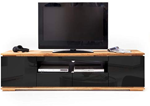 Chiaro TV-Lowboard schwarz Hochglanz Lack und Eiche/Asteiche massiv geölt TV-Unterteil 202 x 54 cm