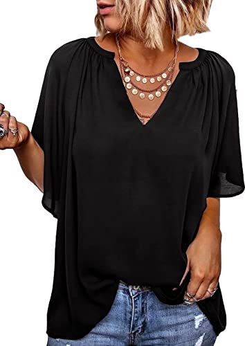 Elegancity Schwarz Bluse Damen Chiffon Hemd V Ausschnitt Tunika Trompetenärmel Kurzarm mit Rüsche Elegant Einfarbig Sommer Blusen XL