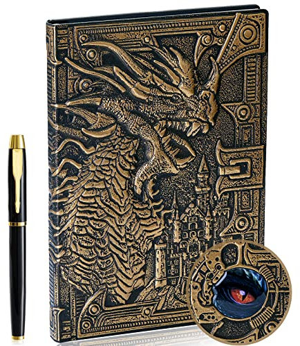 3D Drachen Vintage Tagebuch+Stift Set,A5 Notizbuch Liniert,Personal Organizer DND Journal Notebook Planner,GeburtstagGeschenk für Männer Frauen Erwachsene Kinder(Bronze)