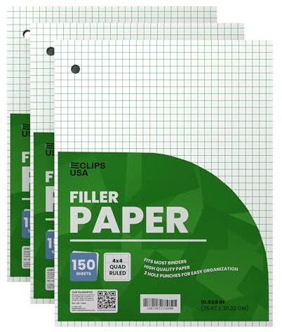 Graph Paper Loose Leaf Paper Quad Ruled Notebook Paper Quad Ruled 4” x 4” Square Lined Writing Filler Paper 10.5” x 8” 450 Sheets 150 Sheets Per Pack 60 gsm (3 Pack)