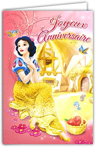 Disney Prinzessinnen Karte Happy Birthday Kleid mit Pailletten Umschlag gelb Schneewittchen und die 7 Zwerge Musiker Kaninchen rote Äpfel Haus Vogelhaus Illustration Mädchen Kinder 130926