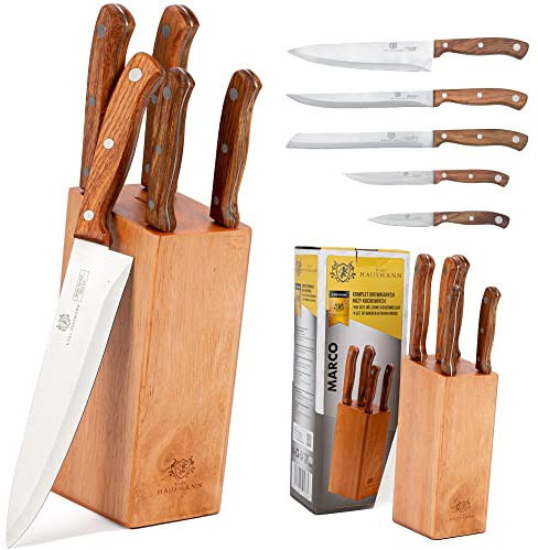 KARL HAUSMANN Messerblock mit Messer - 5 teilig - Messerset und Messer Block - Küchenmesser Set - Kitchen Knife Set - Messerblock aus Holz mit 5 Messeröffnungen - Scharfe Messer aus Edelstahl