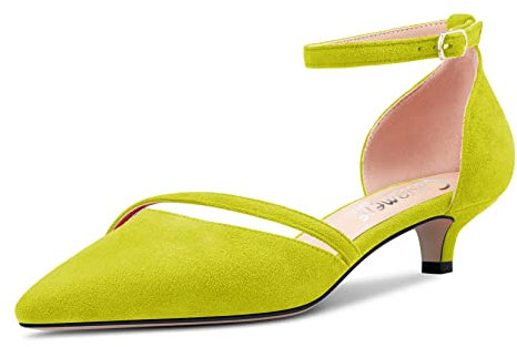 Castamere Mujer Bajos Gatito Heel Cerrado el Dedo del pie Puntiaguada Pumps Correa Tobillo Two-Piece Cierre con Hebilla de Boda Fiesta Sexy Dress Zapatos 3.5 CM Heels Verde Lima 45 EU