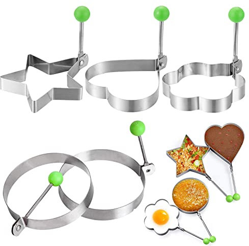 5-Piece Non-Stick Stainless Steel Egg Ring Molds - 3.7-4.1 in, Frying Pancake Mcmuffins Love Heart Star Flowers Cooking Rings