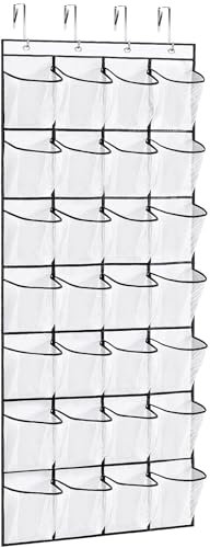VOPTON 28Large Pockets Over The Door Shoe Organizer, Hanging Shoe Organizer for Closet, Premium Clear Shoe Rack for Door, Shoes Hanger Organizers Storage Holder for Back of Door and 4Metal Hook White