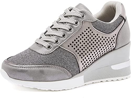EXECAB Zapatillas de Deporte con cuña para Mujer, Zapatillas con Cordones de tacón de 3,15 , Zapatos de Plataforma de tacón Oculto Antideslizantes, Zapatos de Boda para Caminar