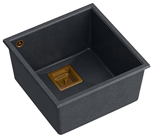 QUADRON fregadero de cocina fregadero de granito de un seno | tamaño 41 x 42 x 22,5 cm color: negro y cobre | DAVID 40 fregadero moderno | fregadero de 1 seno con sifón manual