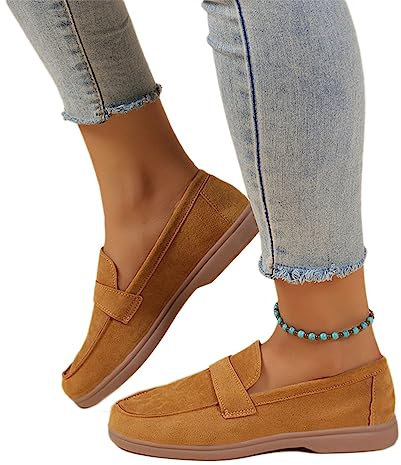 Onsoyours Donna Scamosciato Loafers Comodo Flats Mocassini Scarpe a Punta Rotonda Pantofola Slip-on Estivi Scarpe A Marrone 42 EU