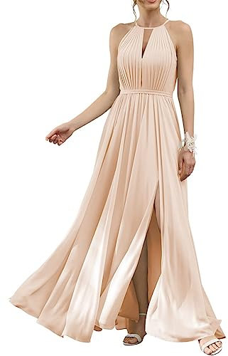 HPPEE Abito da damigella d'onore per le donne fuori dalla spalla A-line Split Chiffon lungo abito da festa formale, Rosa pesca., 62 Più