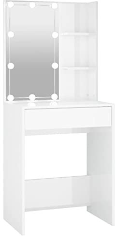 KOIECETA Schminktisch mit LED Stauraum Frisiertisch Kommode Frisierkommode Kosmetiktisch Spiegel Beleuchtung Schlafzimmer 60x40x140cm (Hochglanz-weiß)