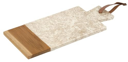 Tagliere rettangolare 35 cm in marmo beige e legno di teak – Vassoio per insegnamento e servizio raffinato e resistente – Fitz