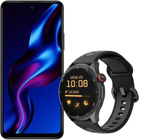 Set Smartphone myPhone N23 5G Cosmic nero + Smartwatch myPhone Watch Adventure nero, 5000 mAh, 6GB RAM, NFC, Dual SIM, impronta digitale, 90 HZ, memoria espandibile e disco rigido, GPS-Smartwatch.