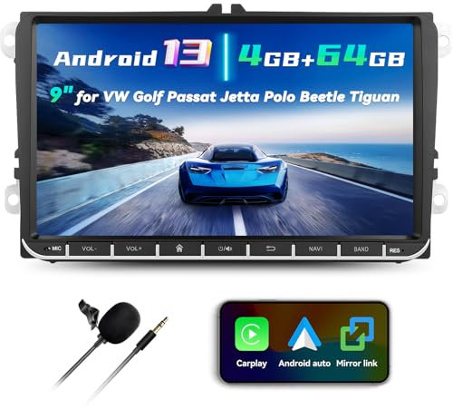 CAMECHO 4+ 64G CarPlay Radio de Coche para VW Golf 5 6 Polo Passat Seat Touran Skoda Tiguan Android Car Radio Doble DIN 9 Pulgadas con Android Coche Pantalla GPS WiFi EQ FM/RDS USB SWC