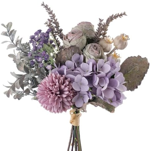 Peauley kleine Kunstblumen für Tischdekoration, Seidenstrauß mit DREI gebrannten Rosen, Hortensien, Trollblumen und Schleierkraut. Ideal für Küche oder Schlafzimmer (Lila)