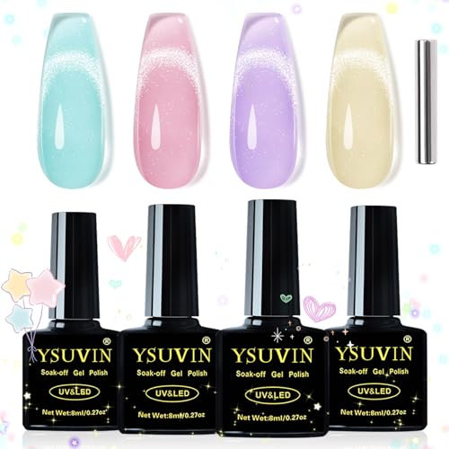 Yueshop Gel Nail Polish Cat Eye, 4 Colors Spring Summer Crystal Jelly Pink Blue Purple Yellow Shimmer Holographic Magnetic Gel Polish Soak Off UV LED Nail Varnish Nail Art Salon,8ML